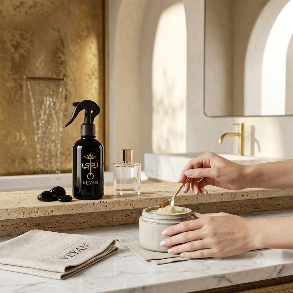 A hand scooping VÉYAN perfumed body cream from a stone jar