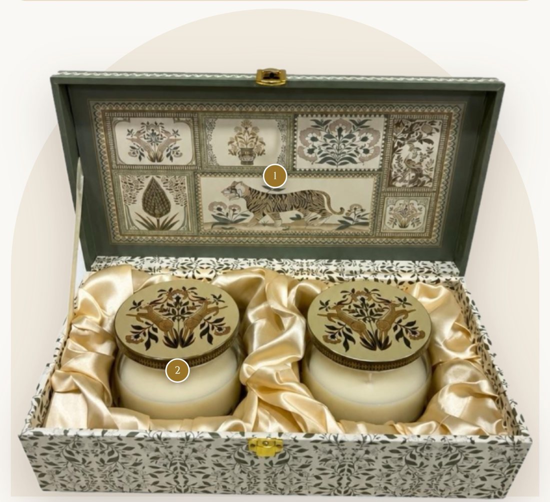 Palace of Illusions hamper: satin-lined keepsake box holding two candles with gold-printed lids
