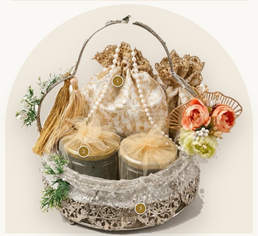 Royal Bloom hamper: silver filigree basket with a candle in a brocade potli and two tulle-topped glass jar candles