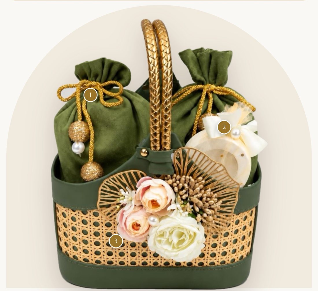 Royal Utsav hamper: green rattan tote basket with two candles in velvet potlis and a braided tray set