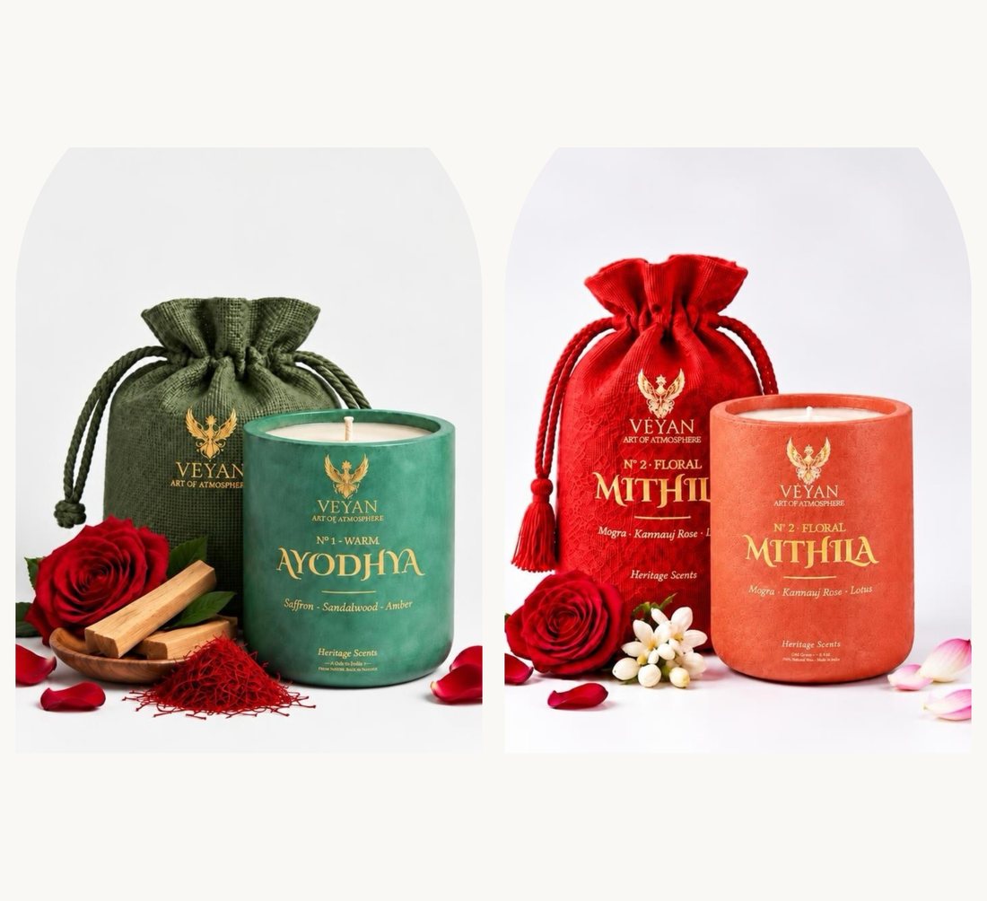 The Ayodhya and Mithila candles side by side, each with its potli