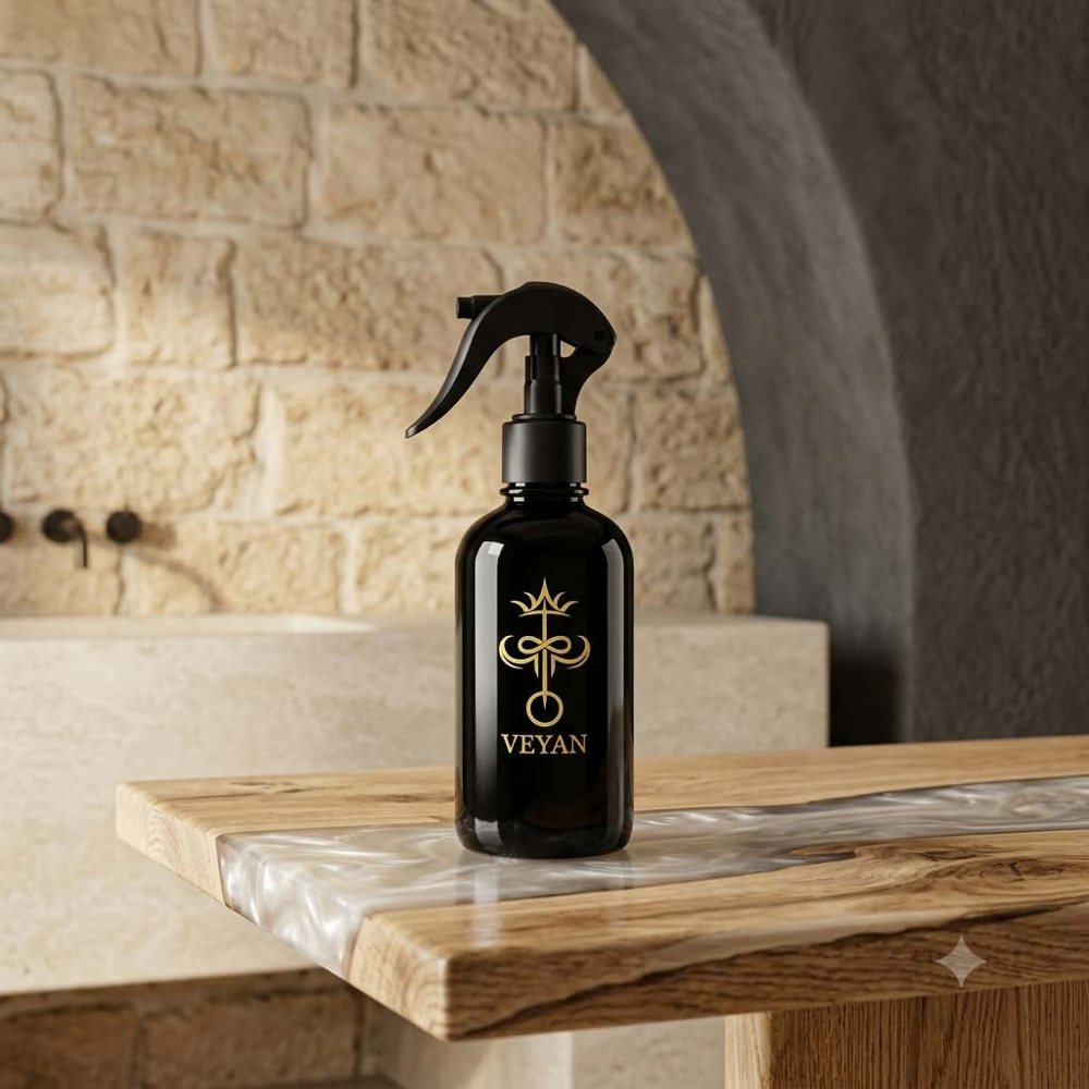 A black VÉYAN room spray bottle with the gold sigil